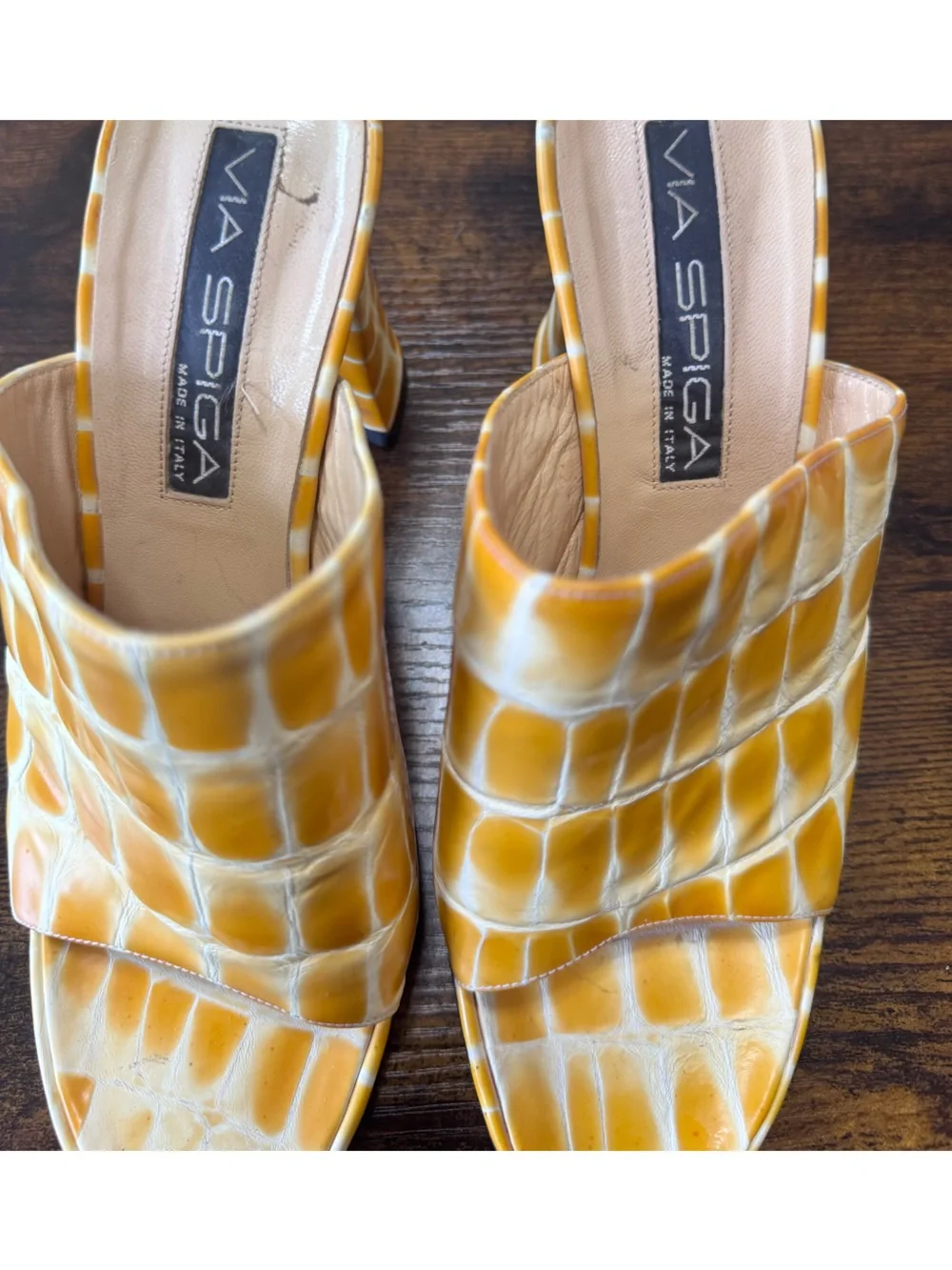 Via Spiga Italy Yellow Croc Embossed Leather Mules Chunky Block Heel Sandals 7 - Picture 5 of 12
